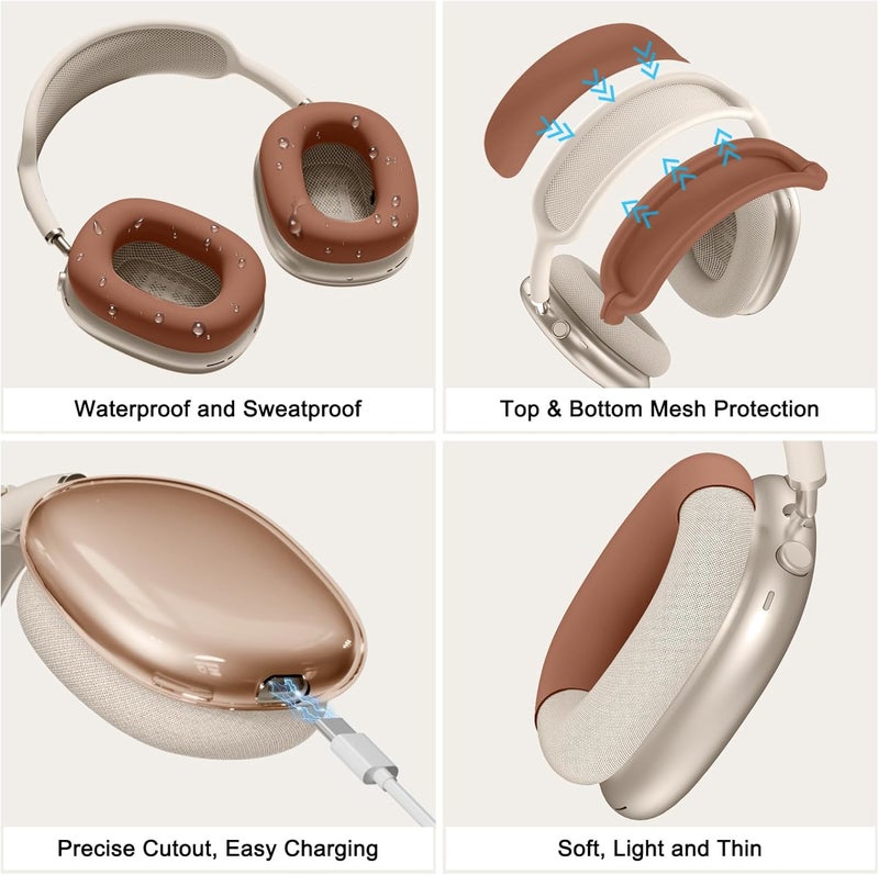 MINDRESY [4 in 1] Silicone Case Cover for AirPods Max, Clear Soft TPU Ear Cups Cover/Ear Pad Case Covers/Headband Covers Transparent Accessories for Apple AirPods Max (2024/2020)(USB-C/Lightning), Dune - Image 5